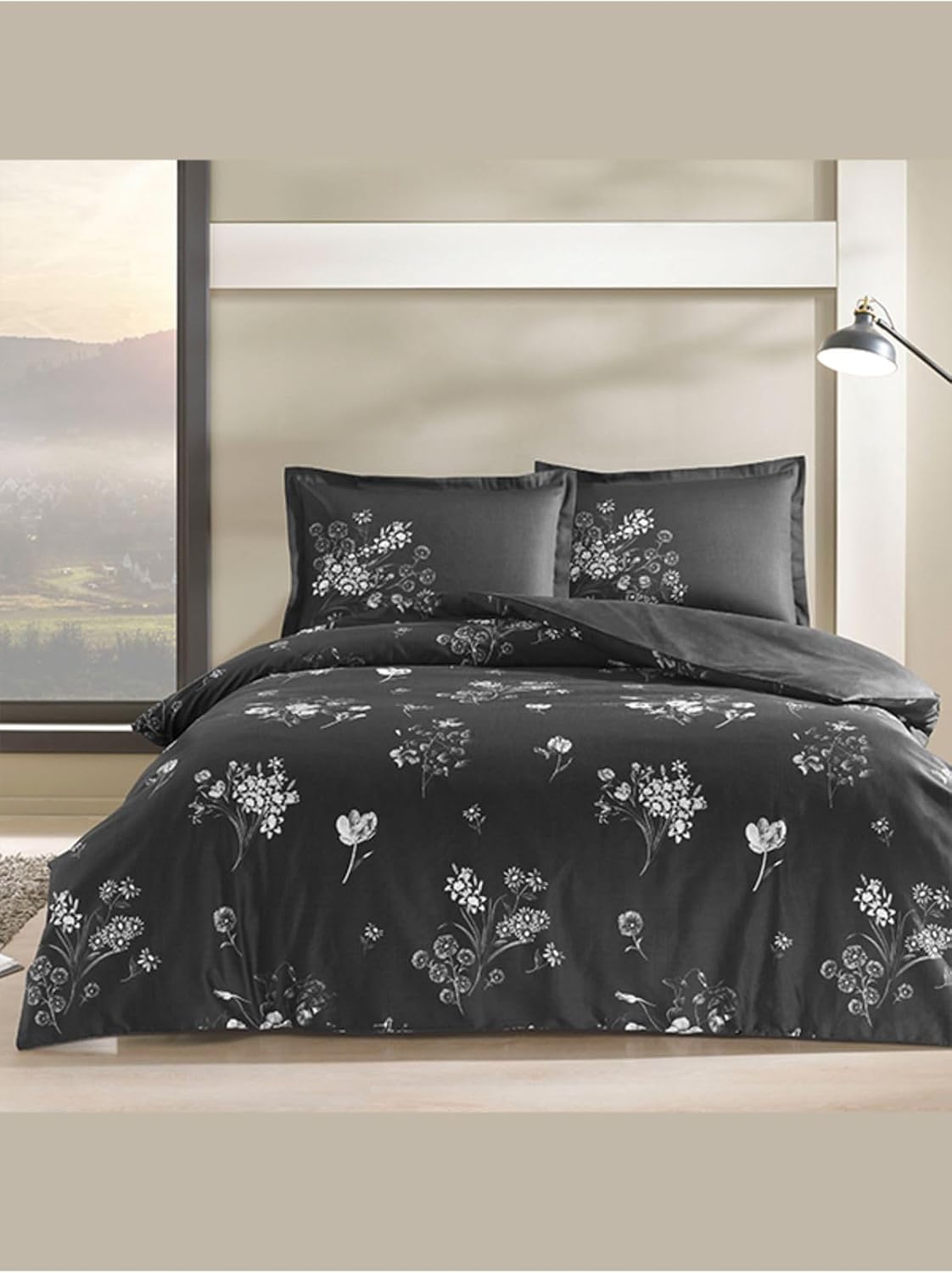 Roxane Desenli%100 Pamuk Saten Nevresim Takımı, Siyah, Çift Kişilik (Nevresim: 200x220 cm/Çarşaf: 230x260 cm / 2 Adet Yastık Kılıfı: 50x70 cm)