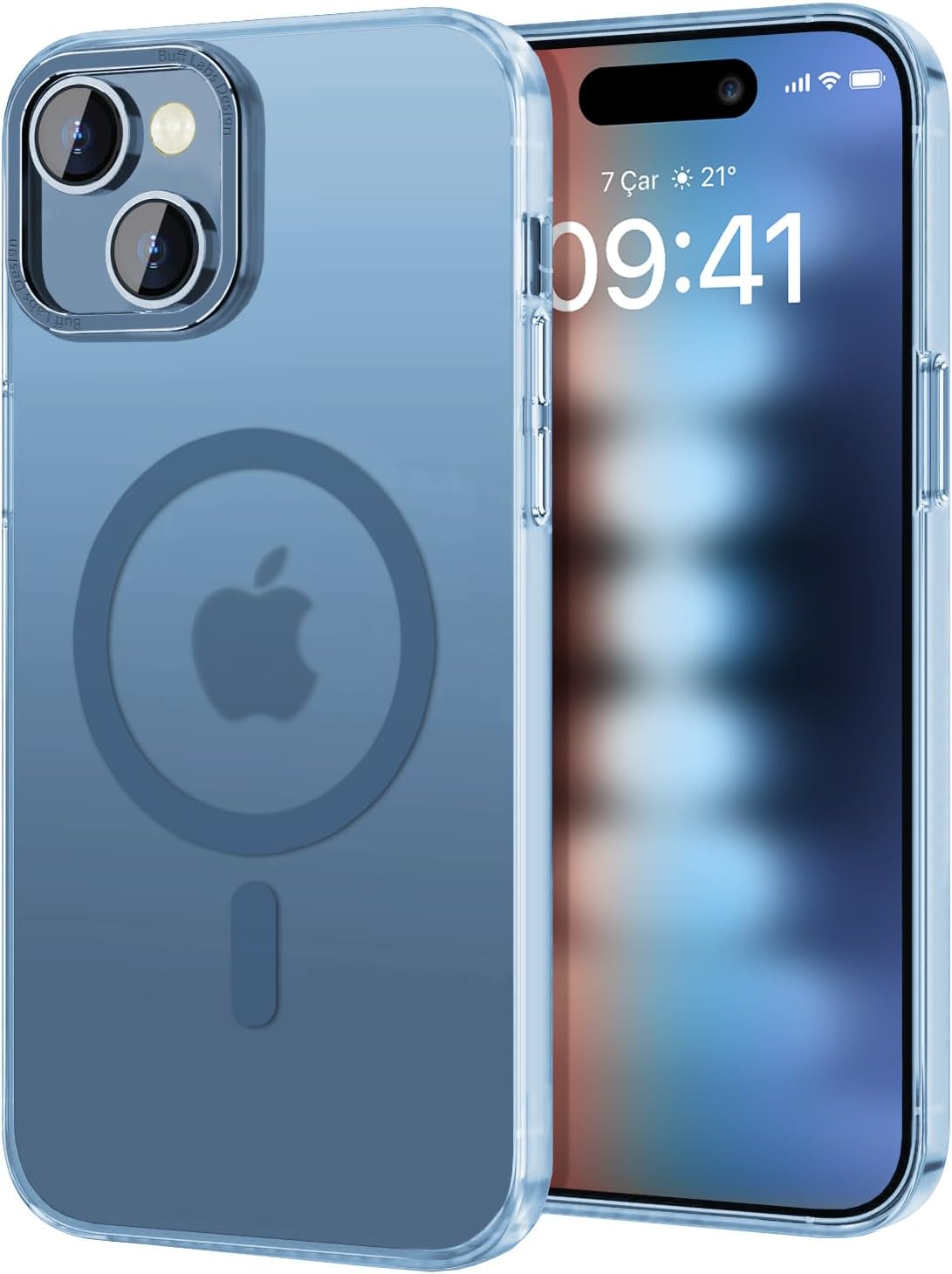 iPhone 15 Plus ile Uyumlu TaoFit Manyetik Yarı Saydam Metal Çerçeve Kılıf (Mavi)