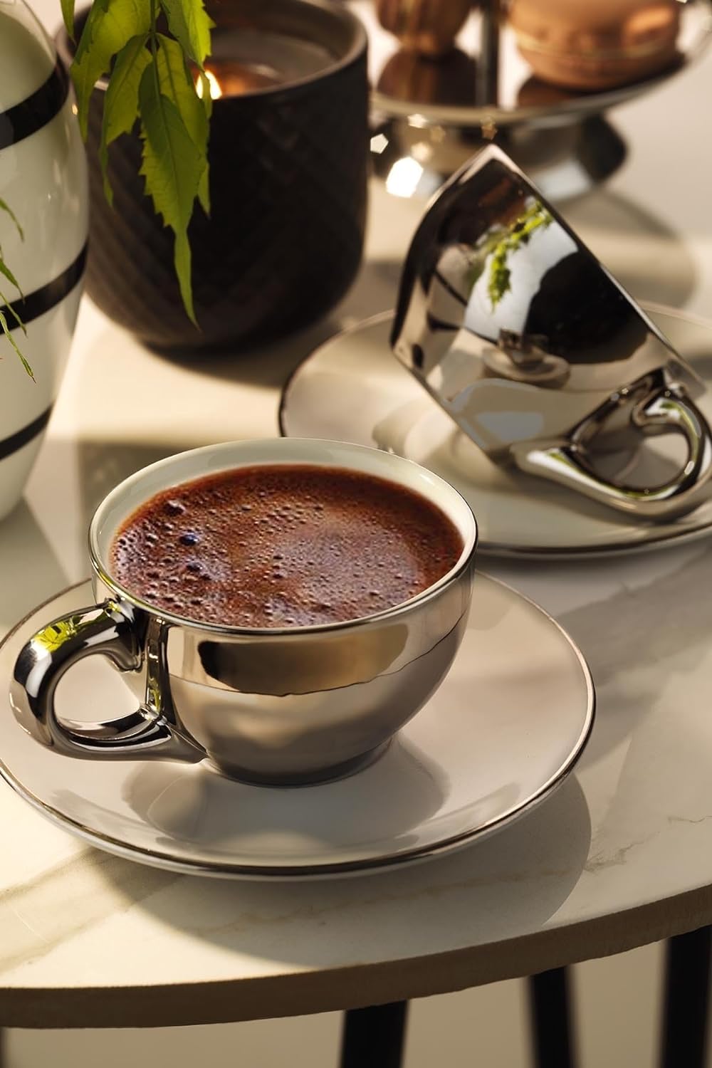 Porselen 4 Parça 2 Kişilik Stella Double Kahve Takımı Platin Kaplama
