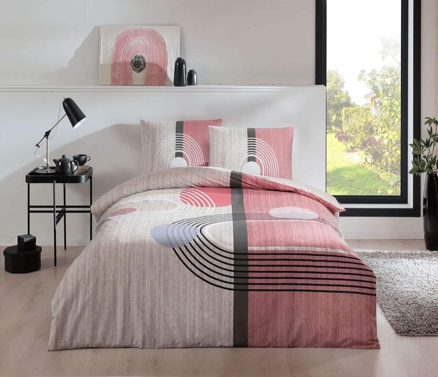 Alex Geometrik Desenli%100 Pamuk Nevresim Takımı, Pembe, Çift Kişilik (Nevresim: 200x220 cm/Çarşaf: 240x260 cm/Yastık Kılıfı: 50x70 cm)