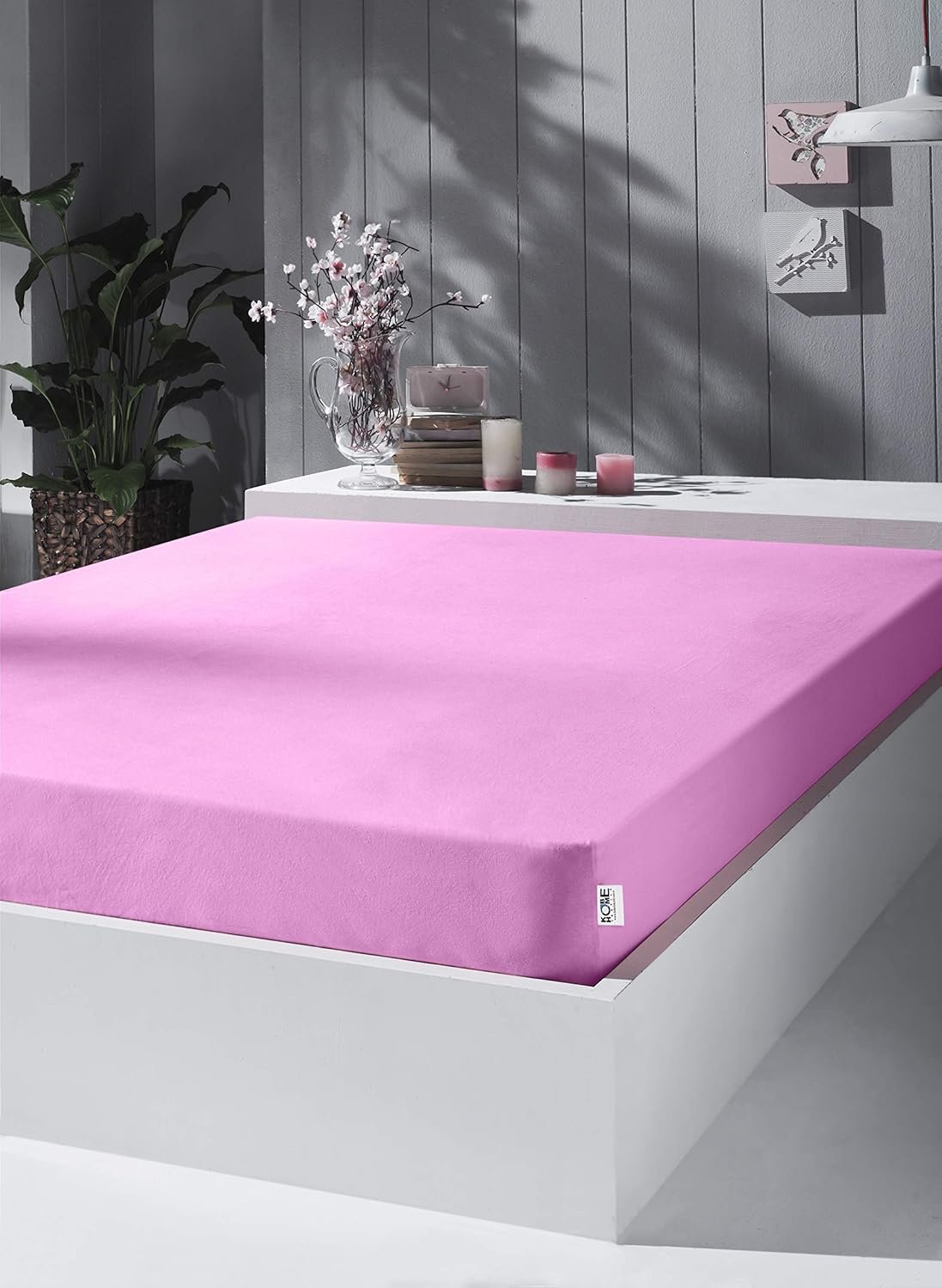 Home Örme Penye Lastikli Çarşaf, Çift Kişilik, Pembe, %100 Pamuk 130 G/M2