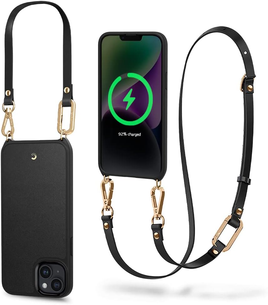 Spigen Classic Charm Mag Cep Telefonu Zinciri [iPhone 14 Kılıfı ile Uyumlu], Manyetik Kılıf, Gövdede ve Bilekte İki Parçalı Zincir - Siyah