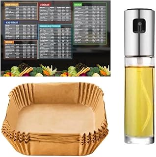 Airfyer Aksesuar Seti, 50 Adet Pişirme Kağıdı Kare + Sprey Yağdanlık 100 ML + Airfyer Sıcaklık ve Kalori Hesaplama Magneti