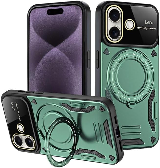 GİYİM & AKSESUAR iPhone 16 (6.1) inç ile uyumlu Joy Lens kamera korumalı entegre standlı kılıf (Yeşil)