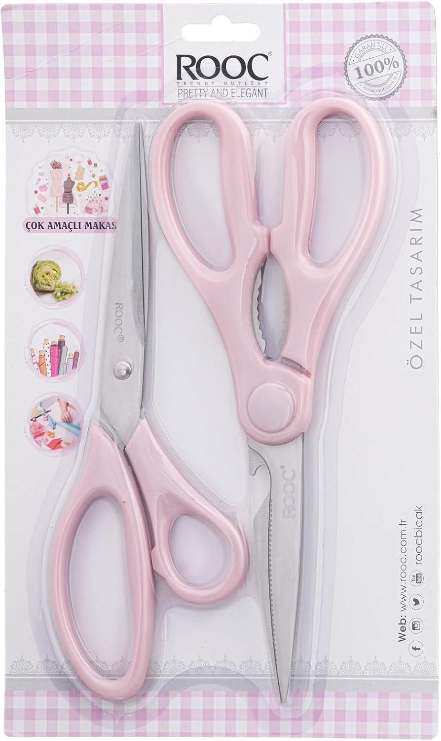 Premium Serisi Ergonomik Saplı Çelik Gıdaya Temasa Uygun 2&apos;li Mutfak Makası, Pembe