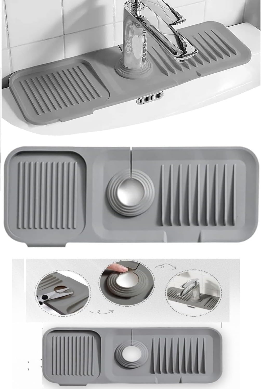 Musluk Matı, Lavabo Matı,Elastik Musluk Matı Su Tutucu Düzenleyici Kaydırmaz Taban Organizer Mutfak Banyo Lavabo,Musluk Matı Silikon (GRİ)