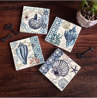 Deniz Kabuğu Taş Bardak Altlığı Seti - 4 Parça - Dekoratif, Rustik Mutfak Aksesuarı, 10x10 cm, Kaydırmaz Tabanlı, Şık ve Dayanıklı SC112