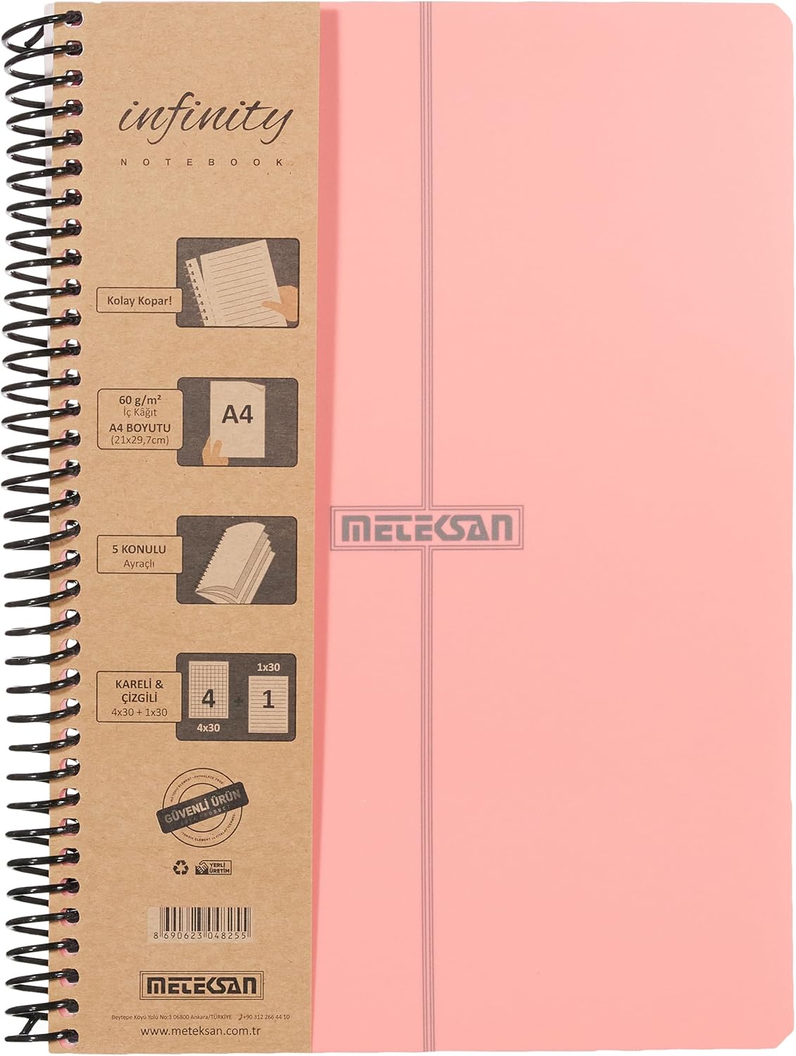 Infinity Pastel Serisi, A4, 5 Konulu (4 Kareli, 1 Çizgili) 150 Yaprak PP Kapaklı Spiralli Defter, Pembe