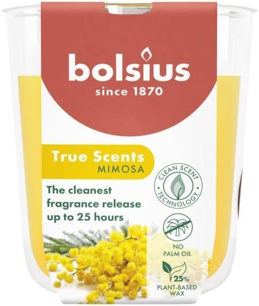 Mimosa Kokulu Bardakta Mum - Vegan & Doğal & Saf Koku Özlü -Palmiye Yağı İçermez - 25 Saat Yanma Süresi - Sarı Renkte - 80mm/73mm