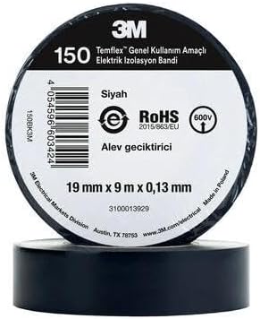 Plus PX-3MPZ 3M Siyah 3M İzole Bant (Elektrik Bandı), Yüksek Isıya Dayanaklı izole Bant 10lu Paket