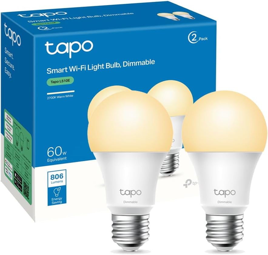 L510E(2-pack), Ayarlanabilir Akıllı Wi-Fi Ampulü, 806 Lümen, E27 Duy, 8,3W, Enerji tasarrufu, Amazon Alexa ve Google Home ile çalışır, Kısılabilir Yumuşak Sıcak Beyaz, Hub Gerekmez