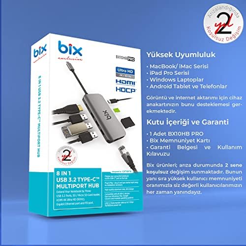 Uyumlu Dönüştürücü Port Macbook 100W PD USB 3.2, RJ45, 3x HDMI, 1Gbps 4K@60Hz HDCP C Hub 8in1 USB BX10HB PRO Yeni