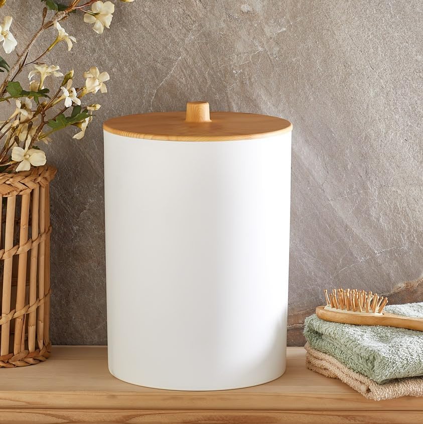 Bambu Görünümlü Ahşap Desen Çöp Kovası (BANYO - MUTFAK - TUVALET - BALKON) (BEYAZ, 6 LİTRE)