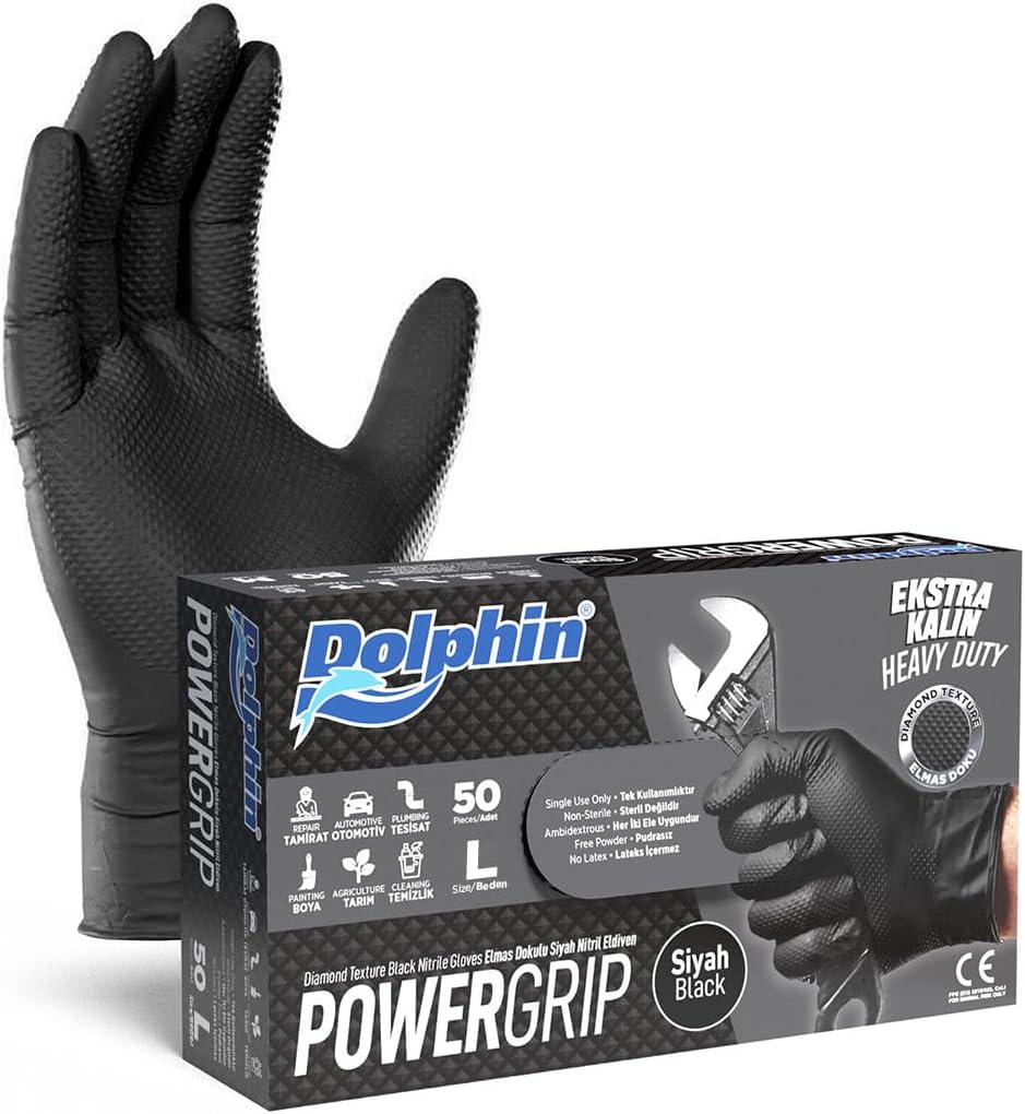 PowerGrip Ekstra Kalın Siyah Nitril Eldiven Elmas Dokulu L 50 Adet