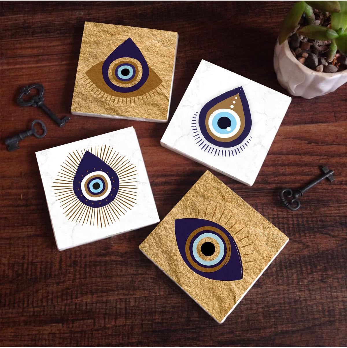 Nazar Taş Bardak Altlığı Seti - 4 Parça - Dekoratif, Rustik Mutfak Aksesuarı, 10x10 cm, Kaydırmaz Tabanlı, Şık ve Dayanıklı SC248