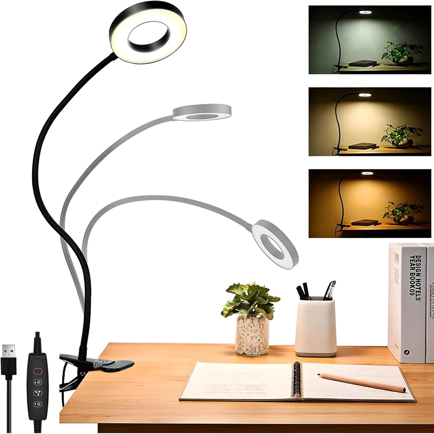Çok Fonksiyonlu LED Akrobat Masa Lambası, Klipsli Göz Koruyuculu, Ayarlanabilir Açılı, Kitap Okuma lambası, Ring Light, Çalışma lambası, Kitap Okuma Işığı, 3 FarklıYanma Modu (Sarı, Beyaz, Gün Işığı)