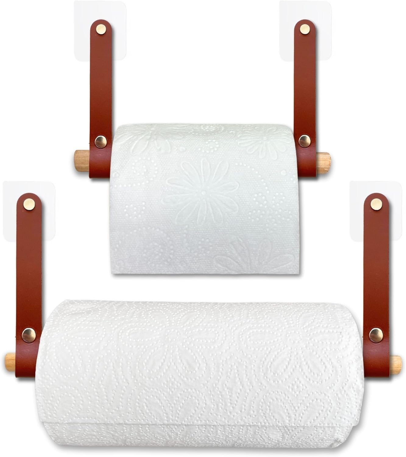 Yapışkanlı Ahşap & Deri Tuvalet Kağıtlığı | Banyo Kağıt Havluluk, Havlu Peçetelik | Wc Kağıtlık, Dolap Altı Kağıt Havlu Askısı (Kahve, 2' li Set [Kağıt Havluluk & Tuvalet Kağıtlığı])