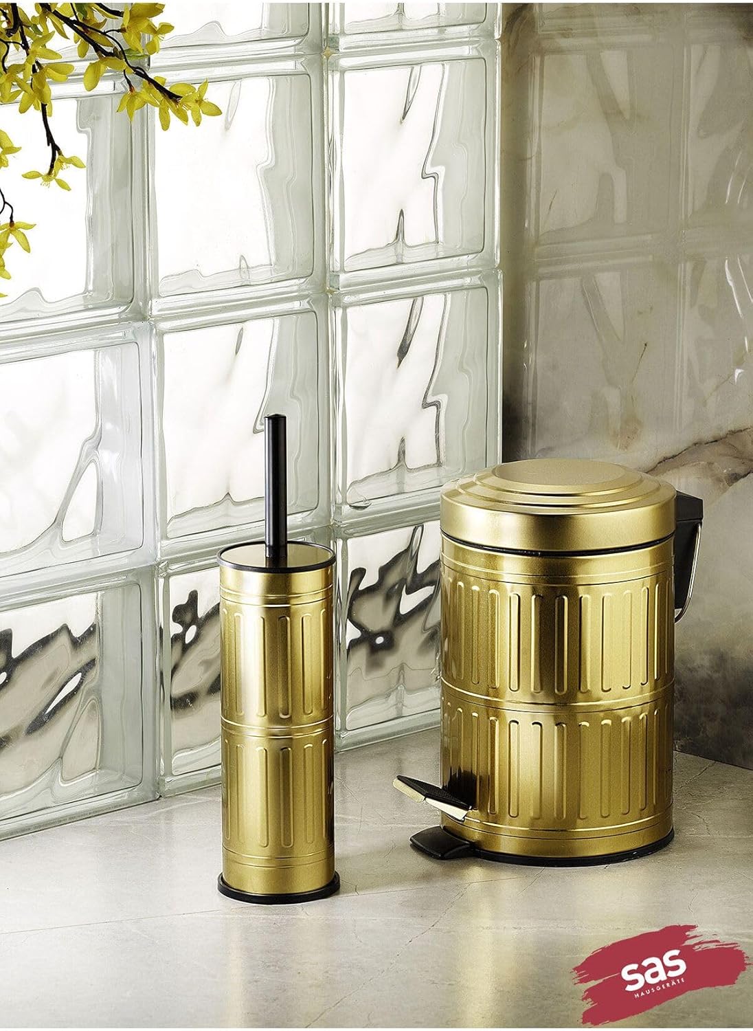 Haus Pedallı Çöp Kovası Tuvalet Wc Fırçası Banyo Çöp Kovası 2li Banyo Seti 5 Litre Gold Vintage