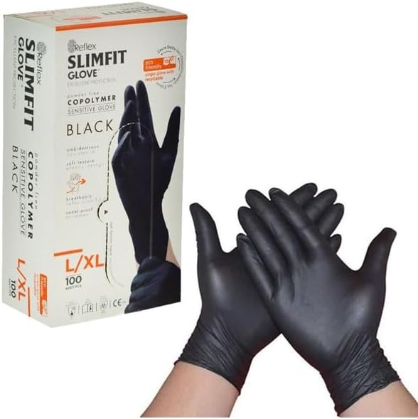 Reflex Slımfıt Glove Pudrasız Tek Kullanımlık Gıdaya Uygun Yeni Nesil Teknoloji Siyah L/XL Beden Eldiven 100&apos;lü Paket