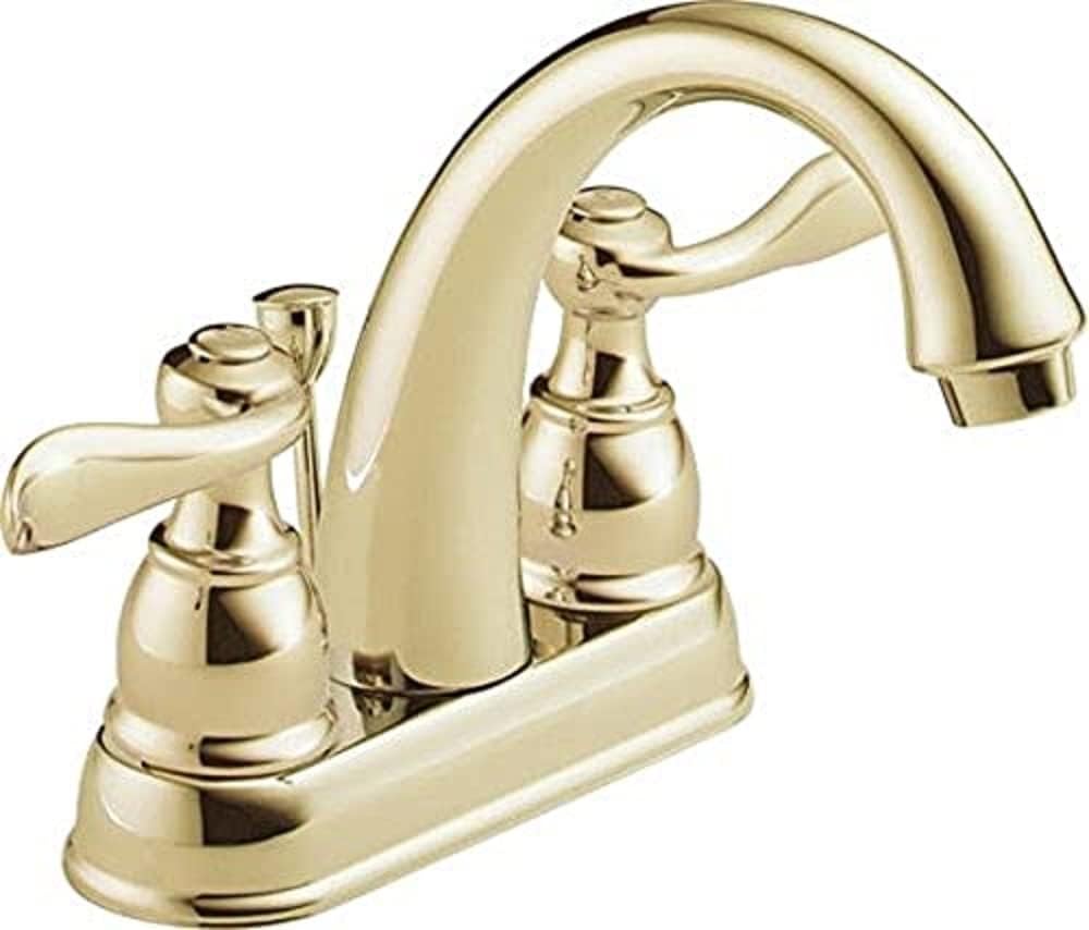 Faucet Windemere Centerset Banyo Bataryası, Altın Banyo Lavabo Bataryası, 2 Saplı Banyo Bataryası, Metal Tahliye Montajı, Parlak Pirinç B2596LF-PB