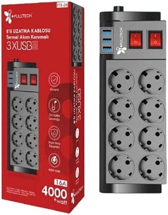 Termal Akım Korumalı Priz, Isıya Dayanıklı, Çocuk Koruması, 8&apos;li Priz, Sekizli, 3 Usb&apos;li, 2 mt Yüksek Akım Dirençli Kablo, Grup Priz  Ftr-08