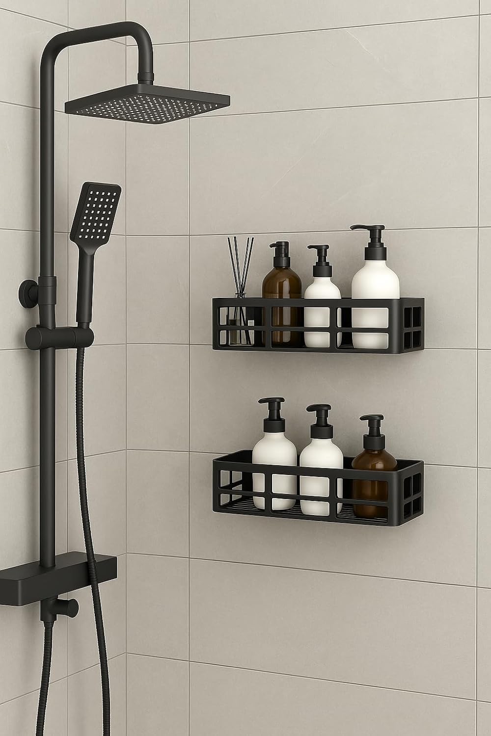 Duş Rafı – Paslanmaz Banyo Şampuanlık Organizer | Delmeden Montaj | Geniş Kapasiteli Duş Organizeri | Siyah Metal Raf – Banyo Mutfak Uyumlu