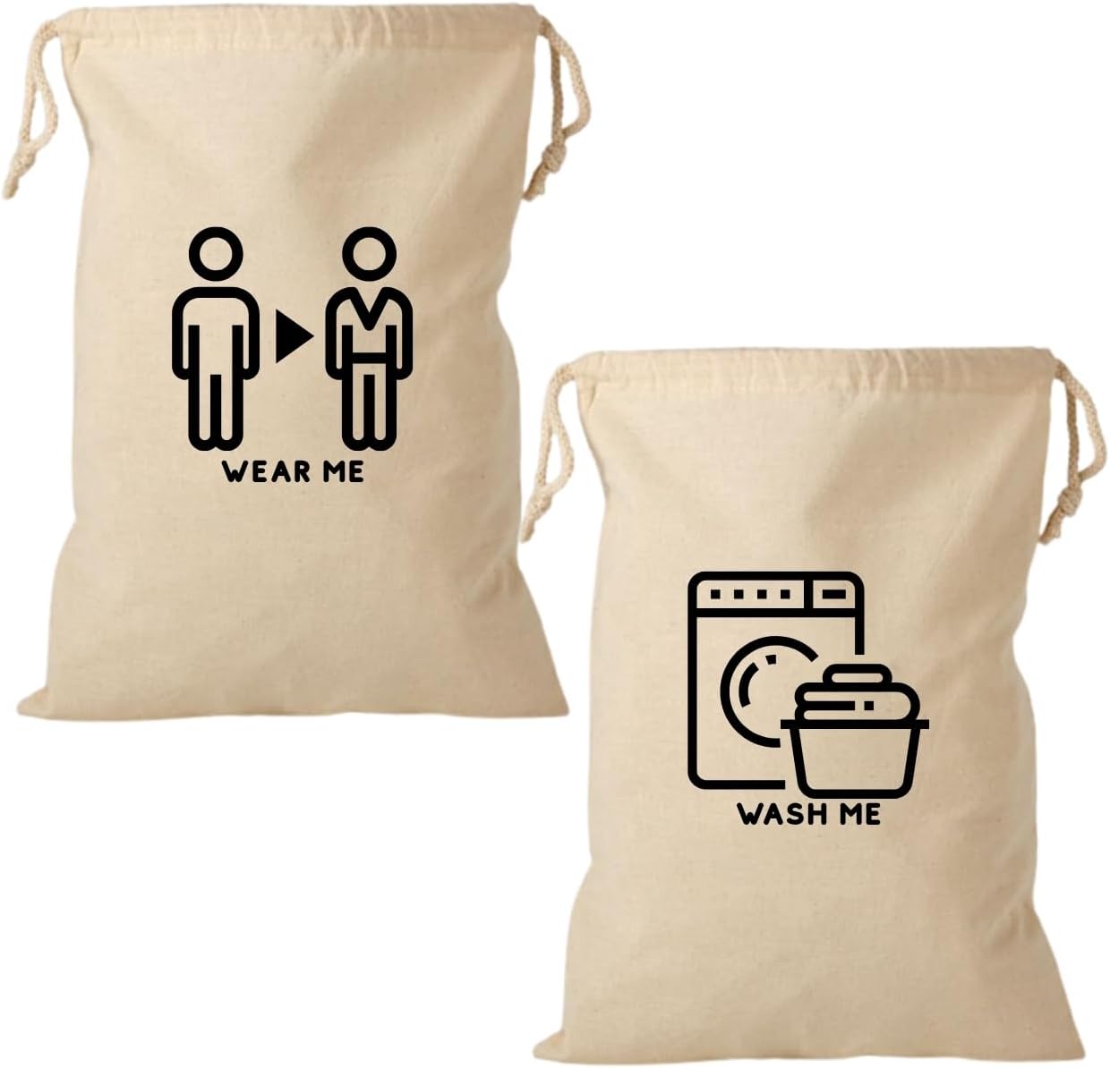 İp Büzgülü Ham Bez Kese, Kirli Torbası, Ayakkabı Torbası, Çok Amaçlı Kese, Seyahat Torbası 30x40 (2 Adet) (Wear Me/Wash Me Baskılı)