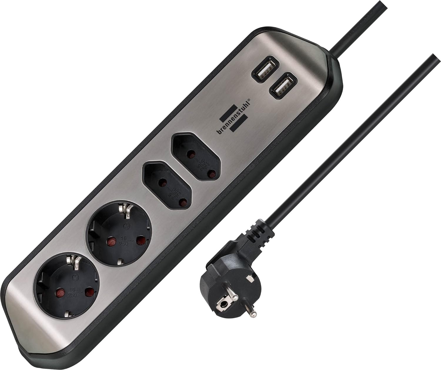 Estilo Mutfak ve Ofis Için Çelik Yüzeyli Köşeli 4 Soketli 2 USB Li 2 mt Uzatma Kablo