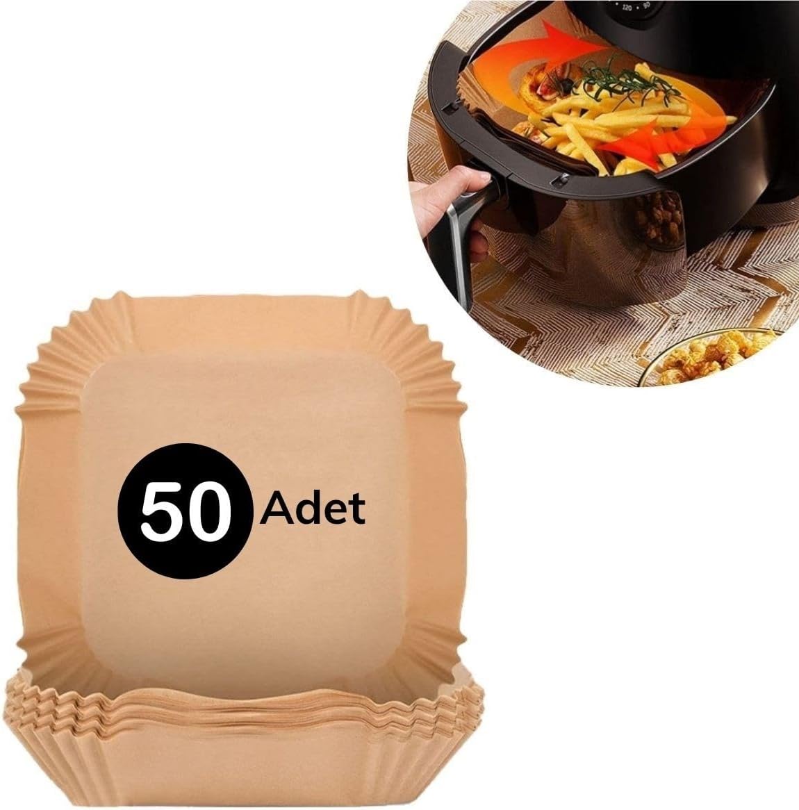 50 Adet Air Fryer Pişirme Kağıdı Tek Kullanımlık Hava Fritöz Yağ Geçirmez Yapışmaz Gıda Pişirme Kağıdı Kare Tabak Model