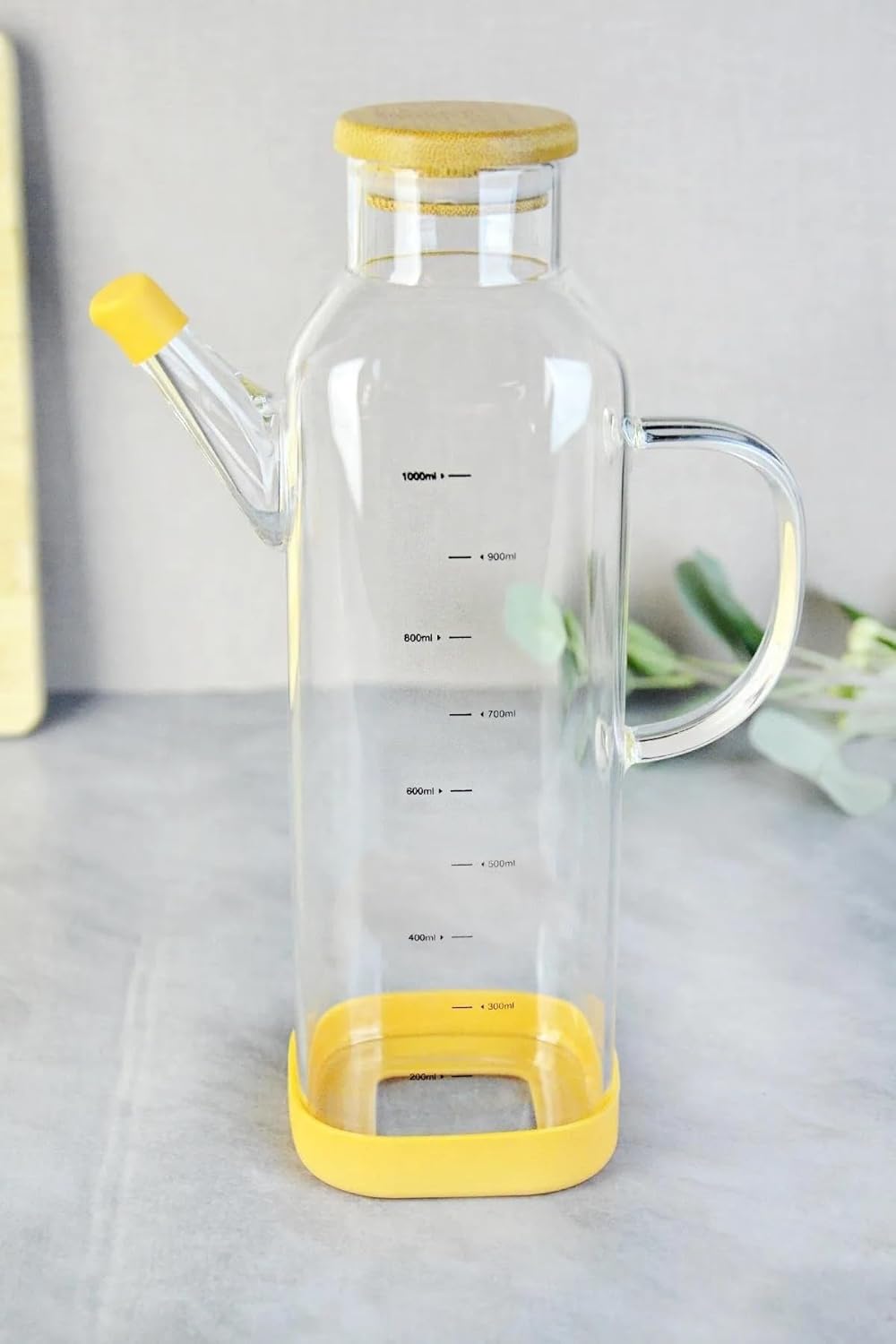 1000 ml Bambu Kapaklı Borosilikat Cam Kare Yağlık