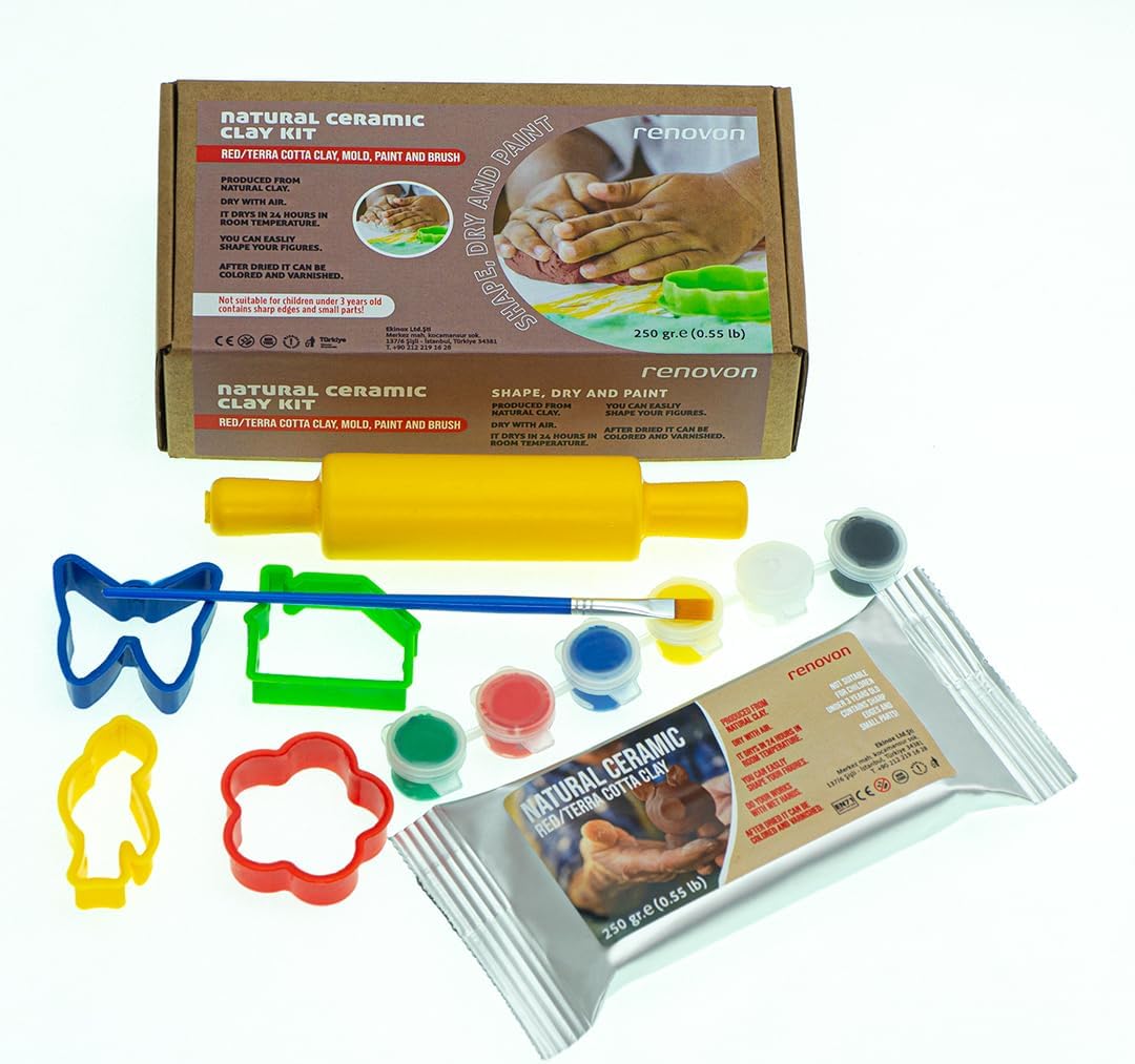 SERAMİK KİL SETİ,KIRMIZI/TERRACOTTA 250 GR FIRINLAMA GEREKTİRMEYEN HAMUR,KALIPLAR,MERDANE,FIRÇA,6 RENK AKRİLİK BOYA,ŞEKİLLENDİR,KALIPLA,KURUT, BOYA. MONTESSORİ SINIFLARI İÇİN İDEAL TOKSİK DEĞİL