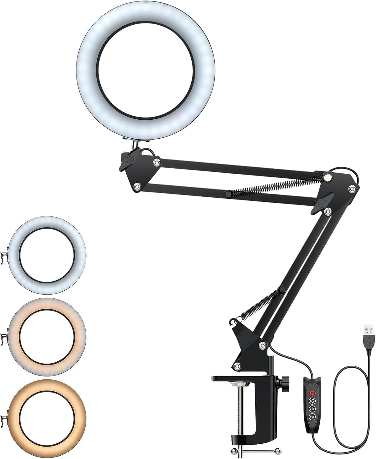 20 cm Halka Işık – Masa Üstü Montajlı, Esnek Metal Kol,3 Mod Renk Sıcaklığı, Parlaklık Ayarlı, Telefon Tutuculu, YouTube, Ürün Çekimi, Makyaj ve Üstten Fotoğrafçılık içinl