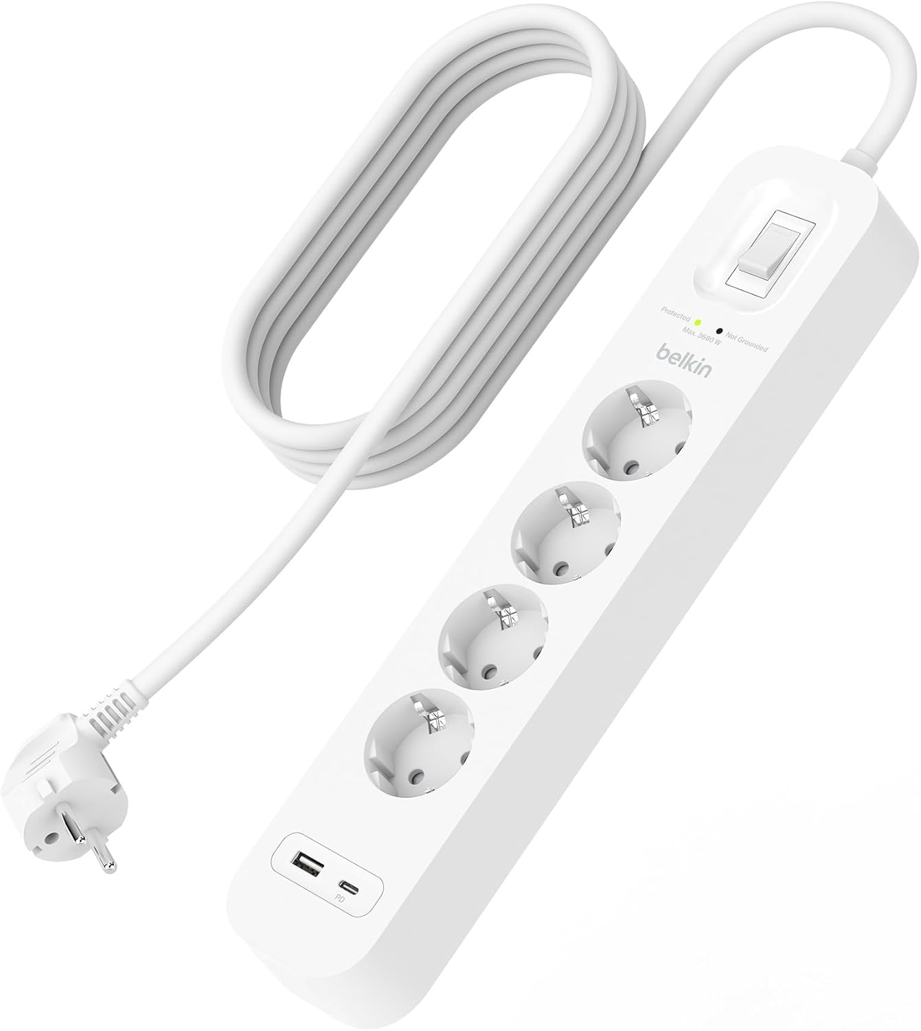 4&apos;lü çoklu priz, yüksek gerilim korumalı, duvara montaj, 4 priz, 2 m güç kablosu, yeşil ışıklı gösterge, hızlı şarj için USB C PD’li USB-C ve USB-A bağlantısı; 525 jul koruma