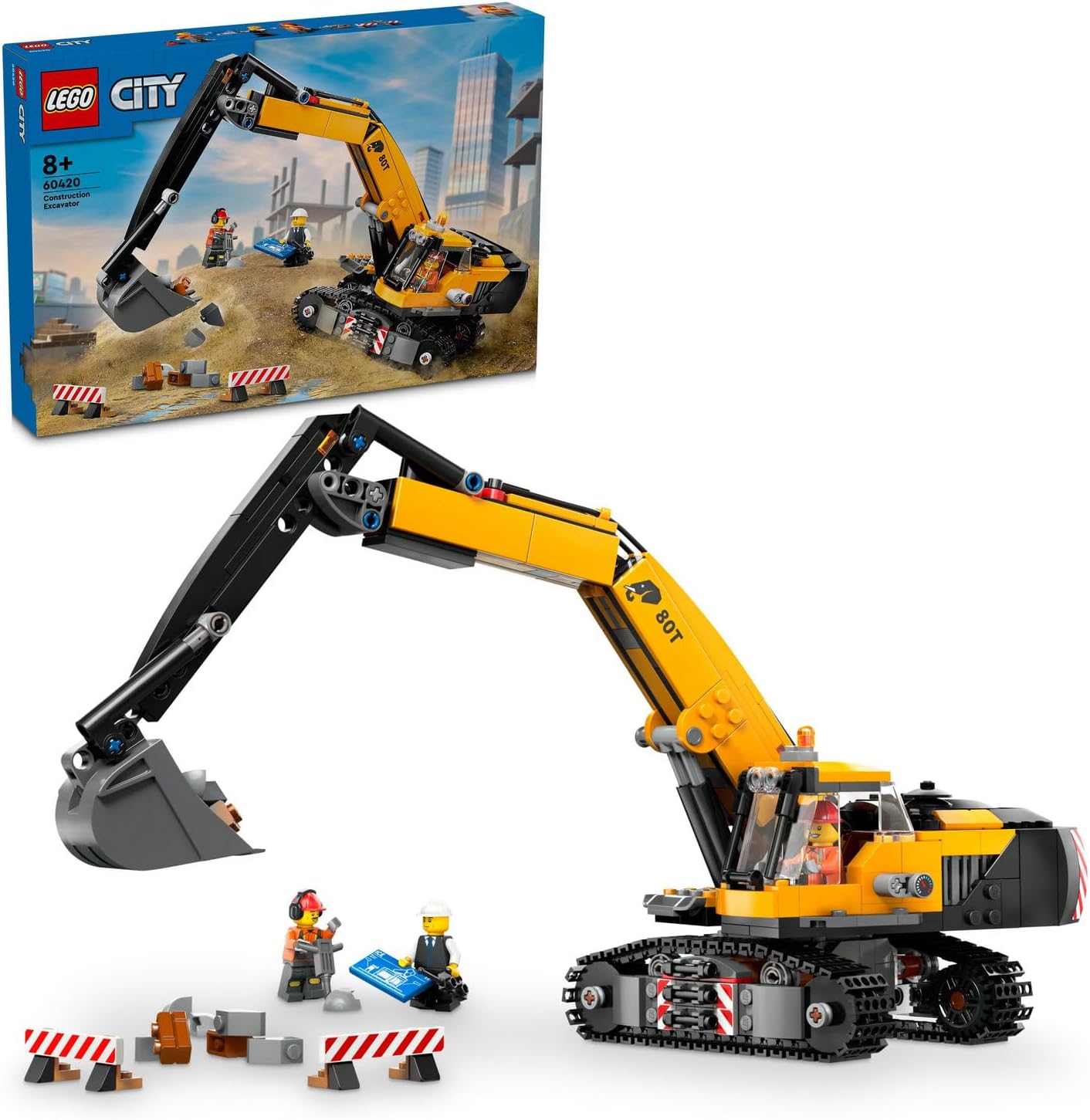 City Sarı İnşaat Ekskavatörü 60420-8 Yaş ve Üstü Kız ve Erkek Çocukları için Sürücü, Çalışan ve Mimar Mini Figürleri İçeren Eğlenceli Rol Yapma Oyuncağı, Doğum Günü Hediyesi Fikri (633 Parça)
