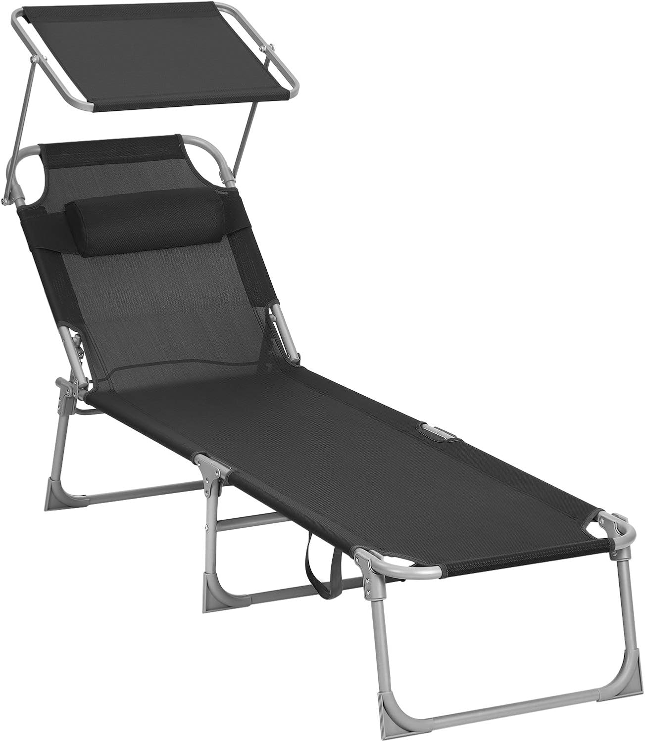 GCB192B01 şezlong, baş destekli rahatlama şezlongu, sırtlık ve güneş şemsiyesi, eğilebilir, hafif, katlanabilir, 53 x 193 x 29,5 cm, taşıma kapasitesi 150 kg, bahçe, siyah