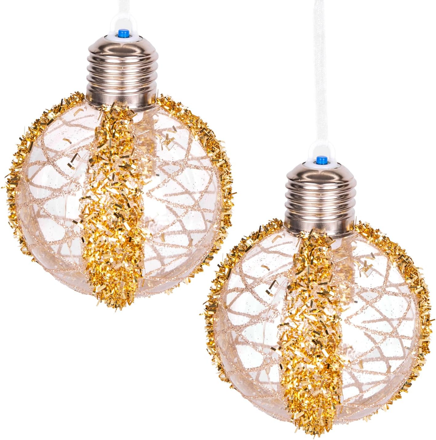 Yılbaşı Topu Ampul Led Işıklı Simli Desenli 2&apos;li Paket Gold 7 Cm.