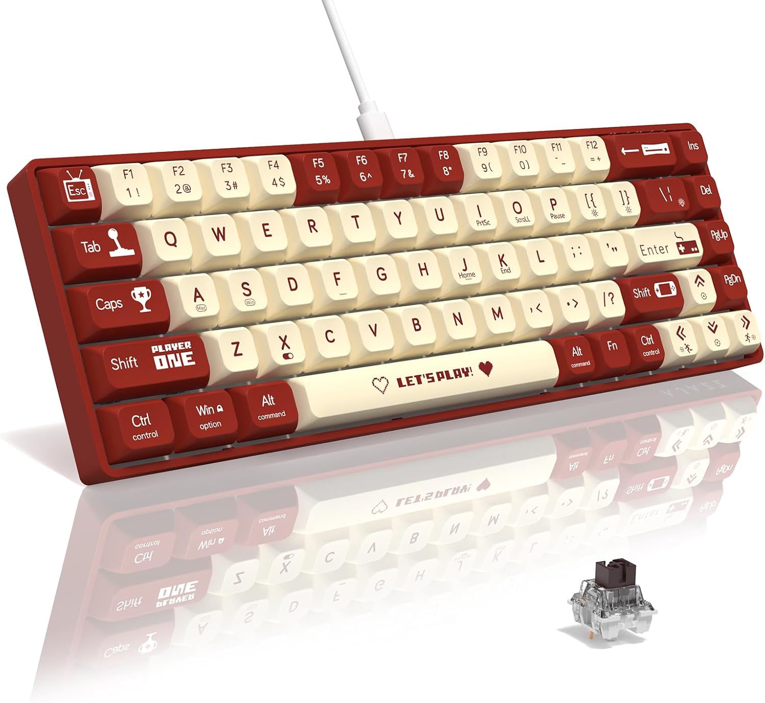 AK680 65% Kablolu Hotswap Mekanik Oyun Klavyesi,68 Tuşlu Taşınabilir Anti-Ghosting Klavye,Gökkuşağı Arkadan Aydınlatmalı Programlanabilir,EVA Sandviç,Ergonomik,Kahverengi Anahtar-Kırmızı