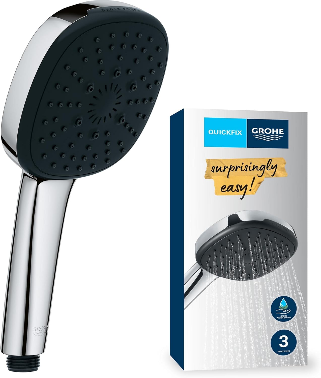 Vitalio Comfort 110 El Duşu, 3 Akışlı (Masaj, Yağmur & Jet), SmartSwitch, 110mm Kare Duş Başlığı, Silikon Halka, Kireç Önleyici Sistem, Krom, 26092001