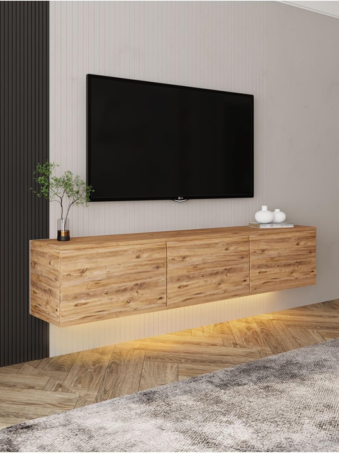 Dizayn Neon Led Işıklı, Duvara Monte, 3 Kapaklı Tv Ünitesi, Tv Sehpası Atlantik Çam