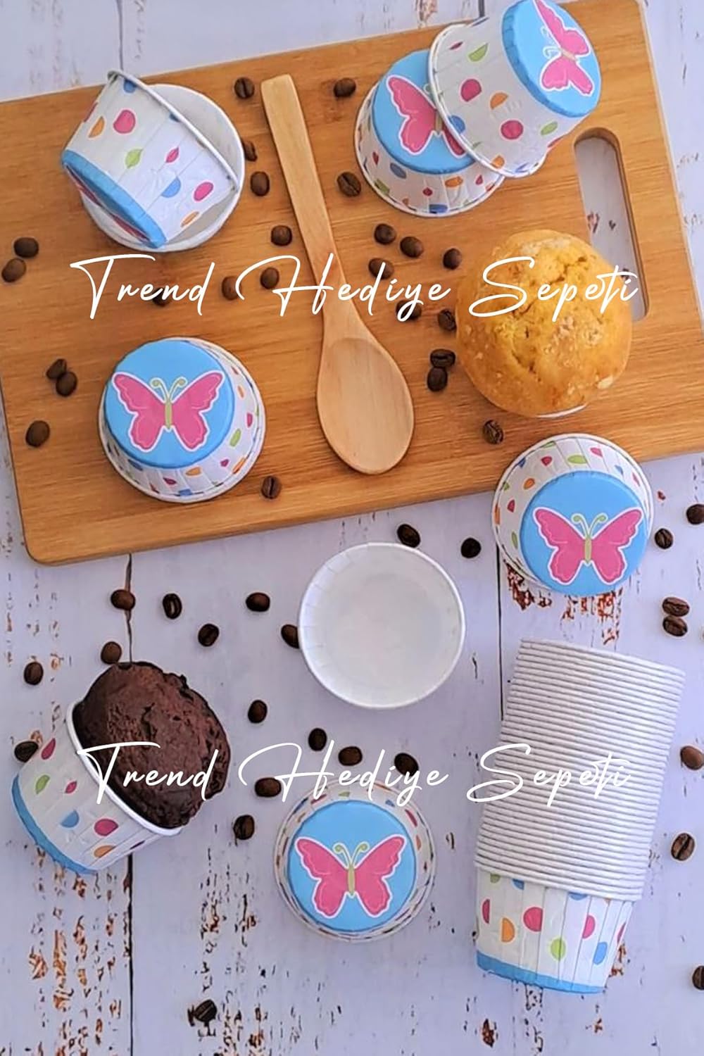 Hediye Sepeti Beyaz Kelebek Desenli Renkli Muffin Cupcake Kalıbı Kek Kapsülü 50&apos;li