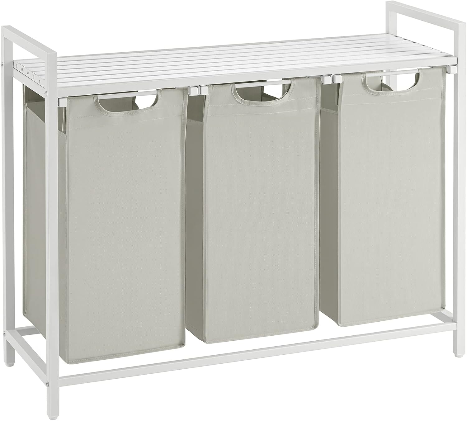 Çamaşır Sepeti 3 Bölmeli, Raflı Çamaşır Torbası, Çamaşır Kutusu, Oxford Kumaştan Uzatılabilir Çamaşır Torbası, Metal Çerçeve, 3 x 38 L, 92,5 x 33 x 72 cm, Beyaz BLH301W01