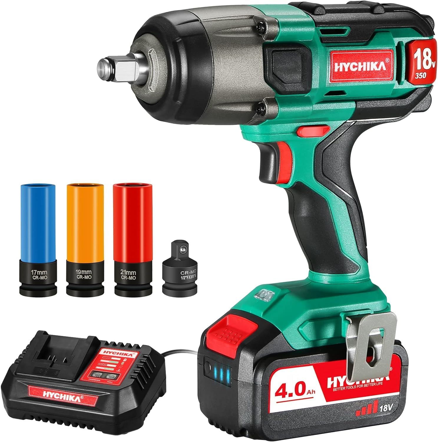 BETTER TOOLS FOR BETTER LIFE 18V Akülü Darbeli Anahtar, 350Nm Darbeli Anahtar, Darbeli Sürücü Darbe Frekansı 4.0Ah Pil ile 3000IPM, 17/19 / 21mm için 3 Darbeli Soket, 10 / 13mm Mandrel, Tekerlek Cıvataları