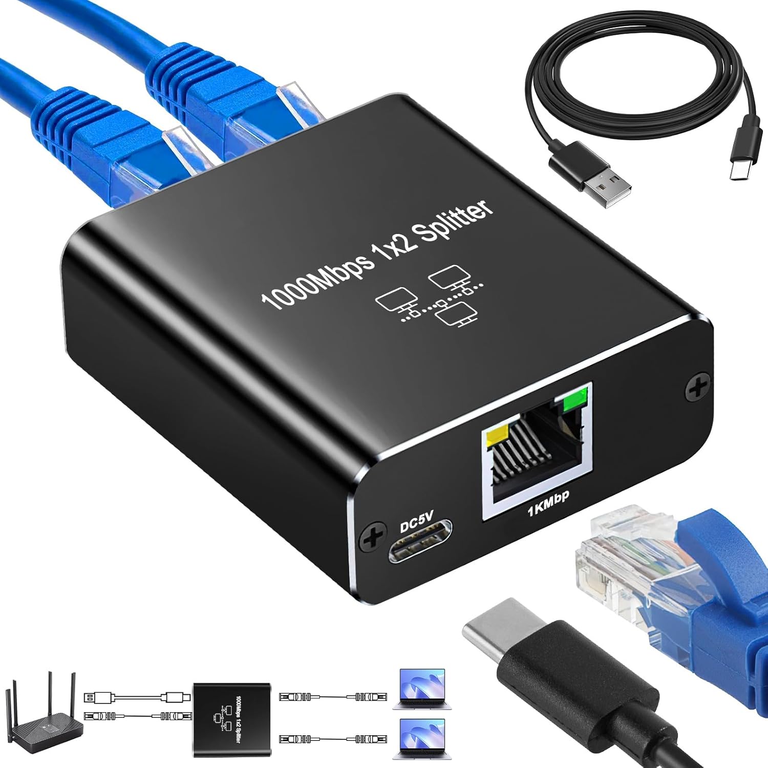 Splitter 1 ila 2, Gigabit Ağ Bölücü, RJ45 LAN İnternet Bölücü, Bilgisayar, Anahtar, Yönlendirici, ADSL, Set Üstü Kutu, Dijital TV (Aynı anda çalışıyor için LAI Splitter)