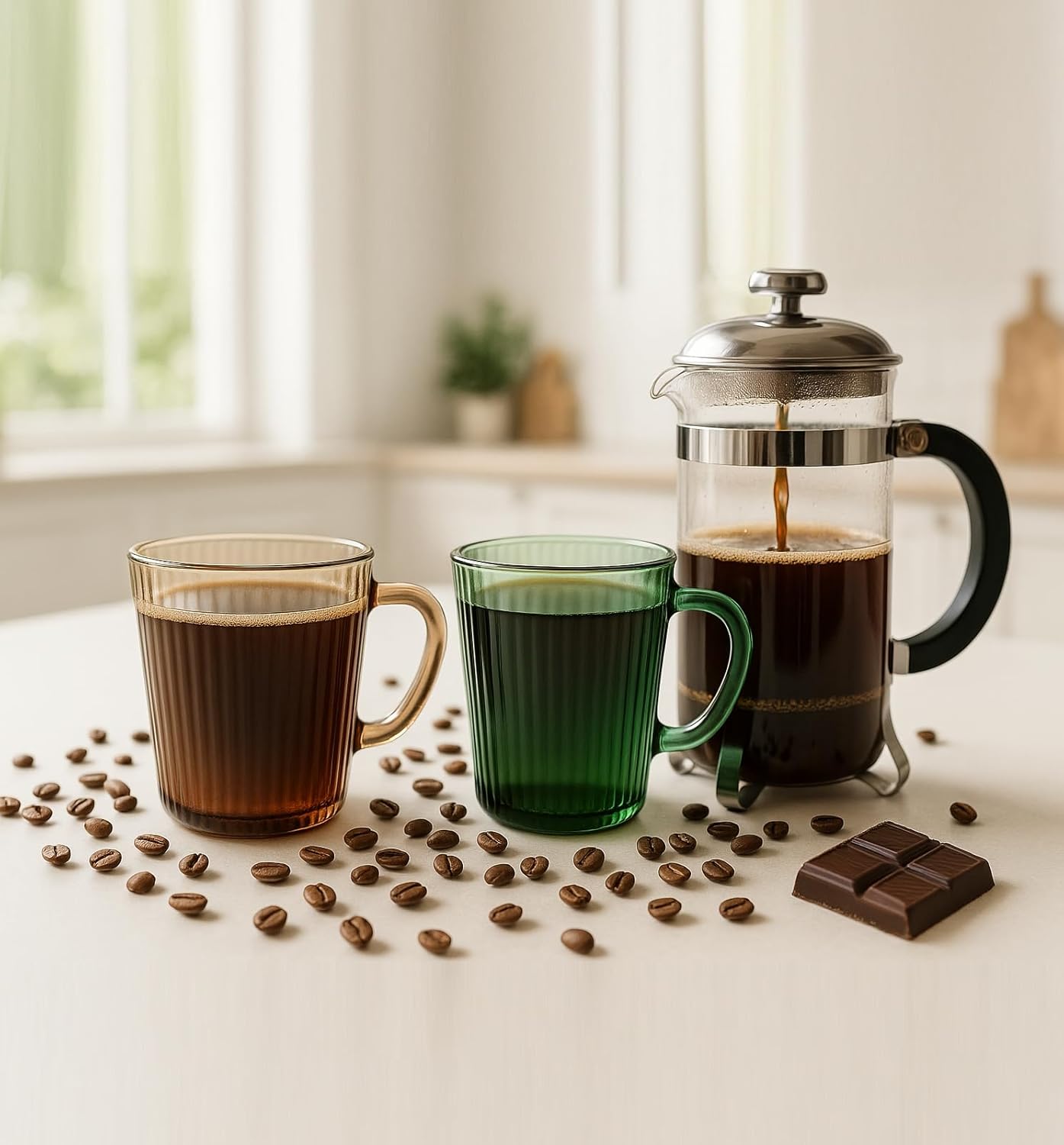 Adet Renkli Cam Kupa Bardak Çay Kahve Meşrubat Tatlı Bardağı Yeşil ve Kahve 370 ml