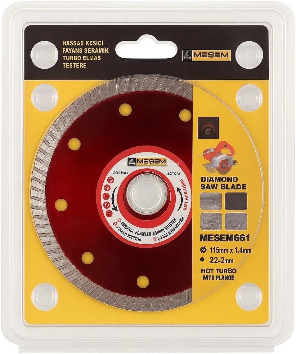 Turbo Elmas Daire Testere, Fayans, Seramik, Granit, Mermer Kesim İçin, 115 mm Boy, 22.2 mm Delik, 1.4 mm Kalınlık, Isıya Dayanıklı, Sıcak Presli, Hızlı Kuru Kesim, Çapak Bırakmaz, İnce, Hassas