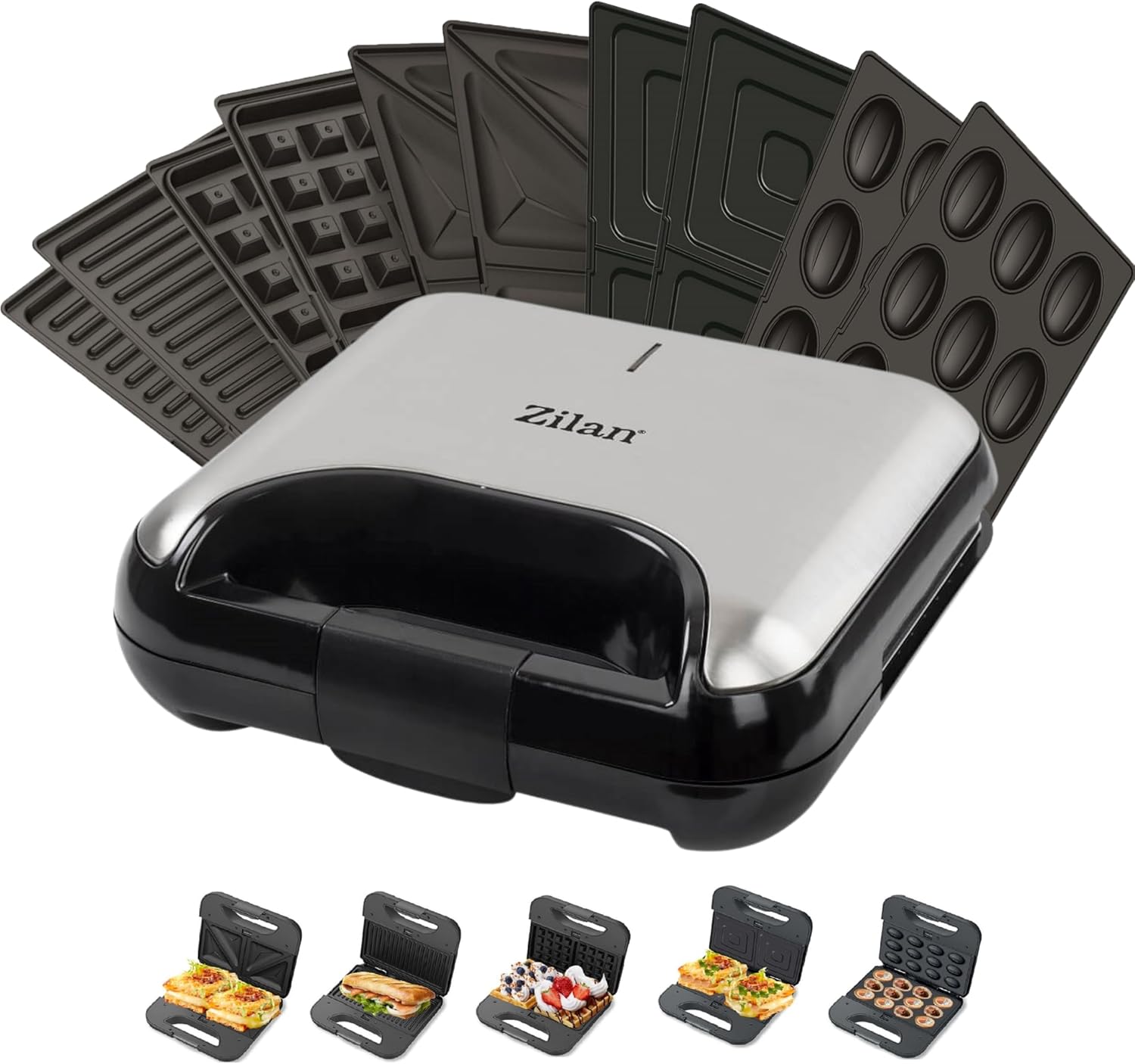 ZLN3932 5&apos;i 1 Arada Sandviç Makinesi | 800W Güç | Değiştirilebilir Plakalar | Tost, Izgara, Waffle, Kare ve Fındıklı Sandviç Fonksiyonları | Paslanmaz Çelik Gövde | Isıya Dayanıklı Dış Kaplama