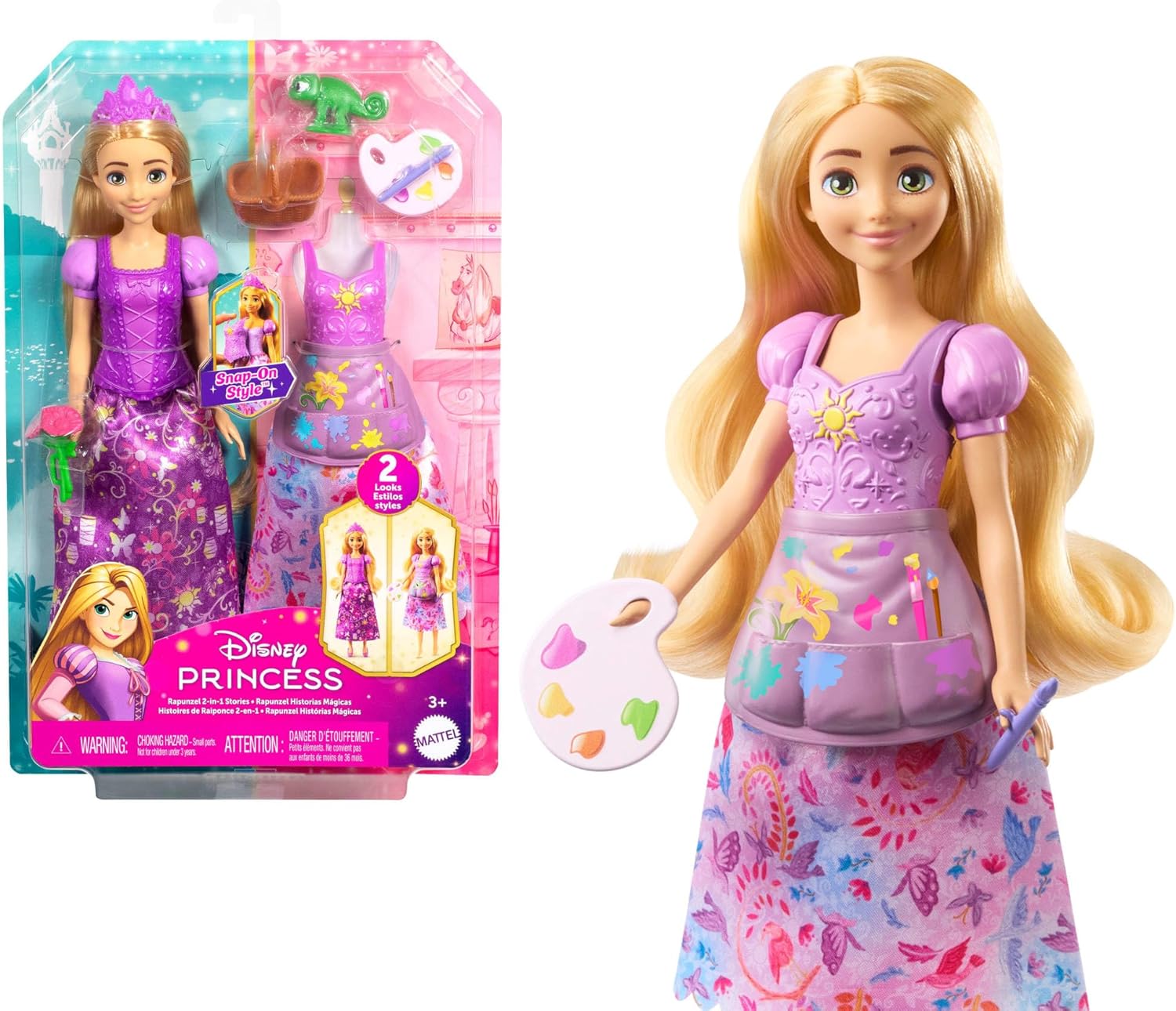 Prensesi oyuncakları, 2 farklı görünüme sahip Rapunzel bebek, 9 aksesuar, takılıp çıkarılabilen 2 büstiyer ve 2 etek,  Karmakarışık&apos;tan ilham alan 2&apos;si 1 arada hikayeler, JBG09
