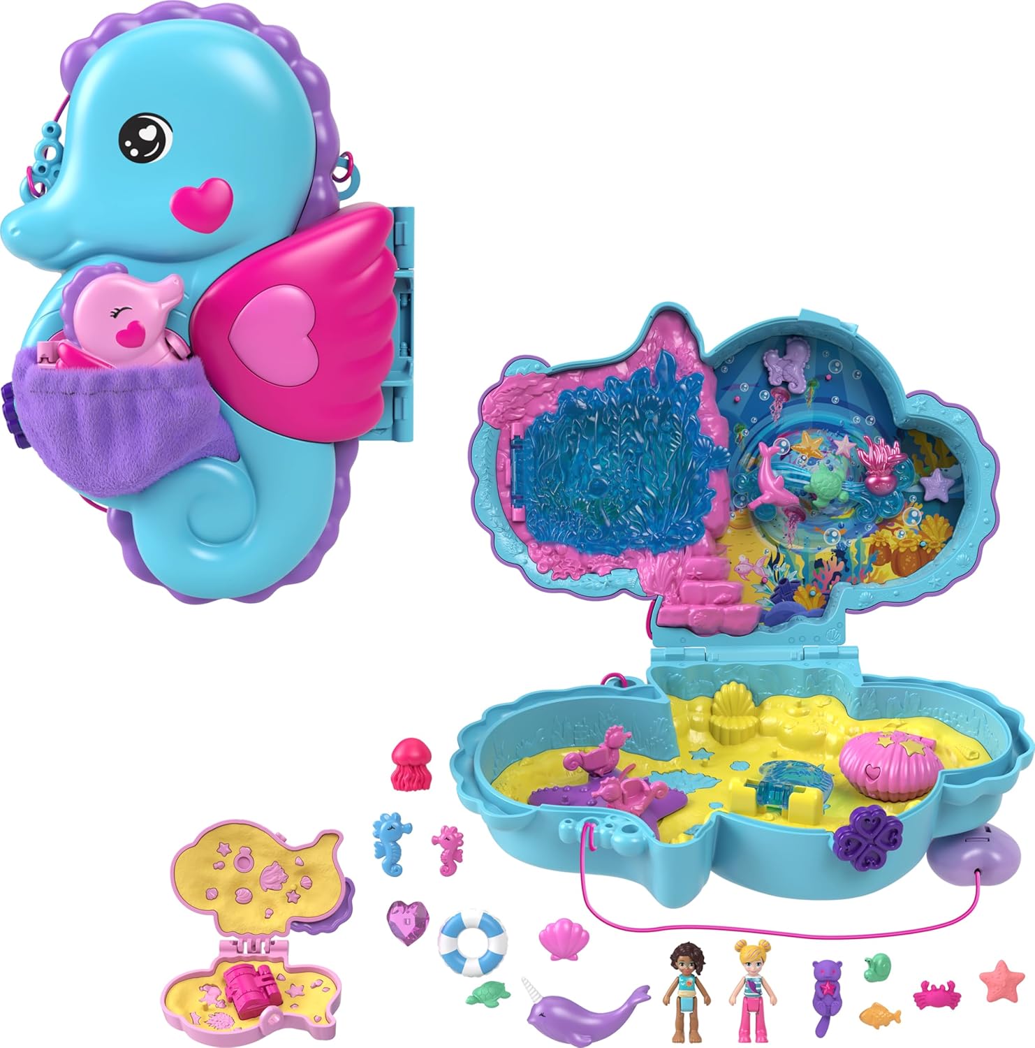POCKET™ BABAM VE BEN™ denizatı çanta Polly Pocket Babam ve Ben denizatı çanta, 2 mikro bebek, evcil hayvanlar ve 13 aksesuar, 2&apos;si 1 arada çanta ve oyuncak ile Shani HWP03