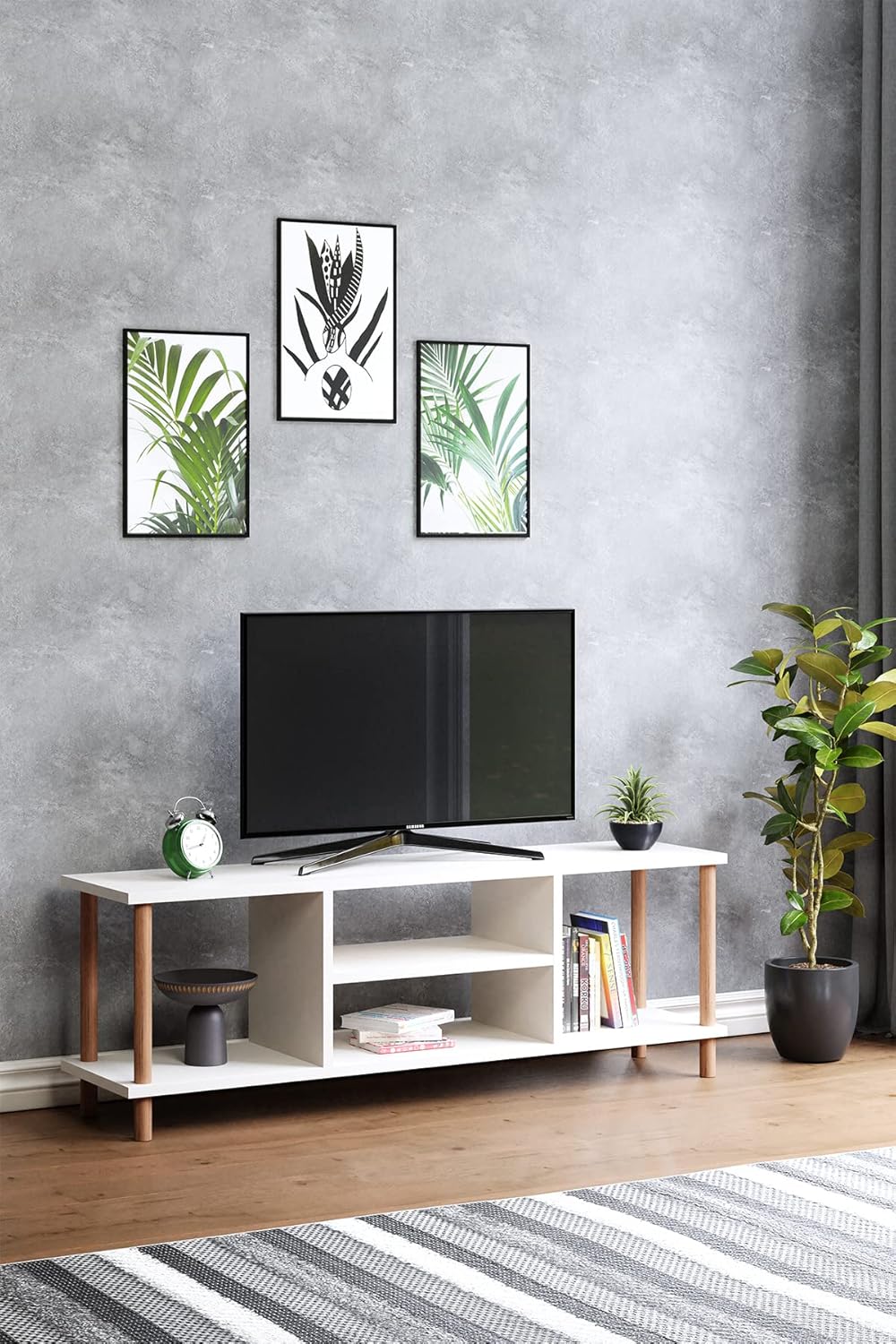 Sehpası Raflı Tv Ünitesi Televizyon Sehpası Ahşap Ayaklı (Beyaz)