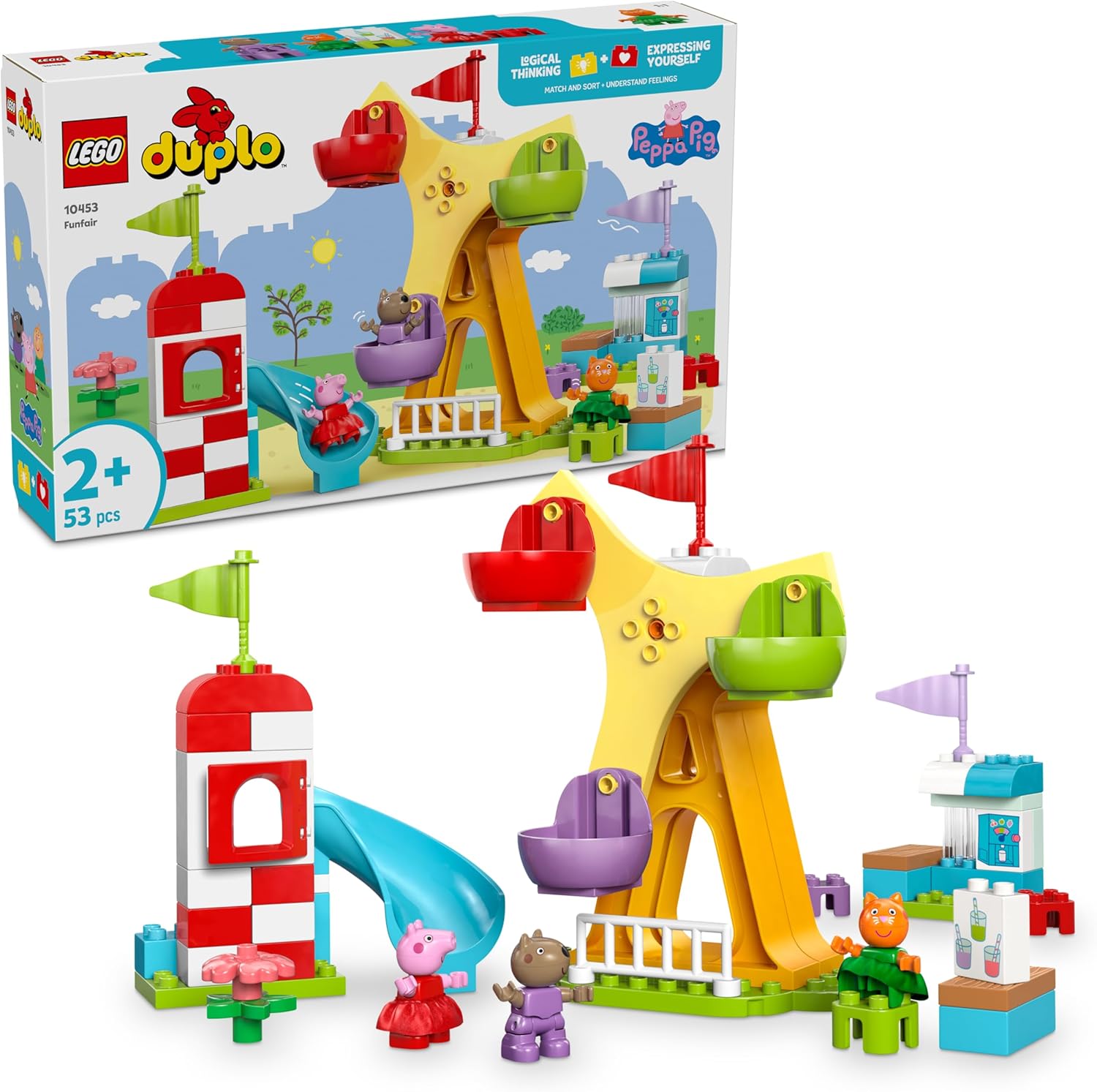 Peppa Pig Lunapark 10453-2 Yaş ve Üzeri Kız ve Erkek Çocuklar için Dönme Dolap, Kaydırak, Meyve Suyu Barı ve Köpek ve Kedi Dahil 3 Figür İçeren Yaratıcı Oyuncak Yapım Seti (53 Parça)